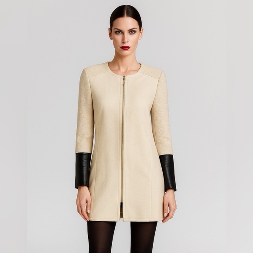 Club Monaco Cream Zip Front Wool Blend Coat with Leather Trim Size Small 🩷